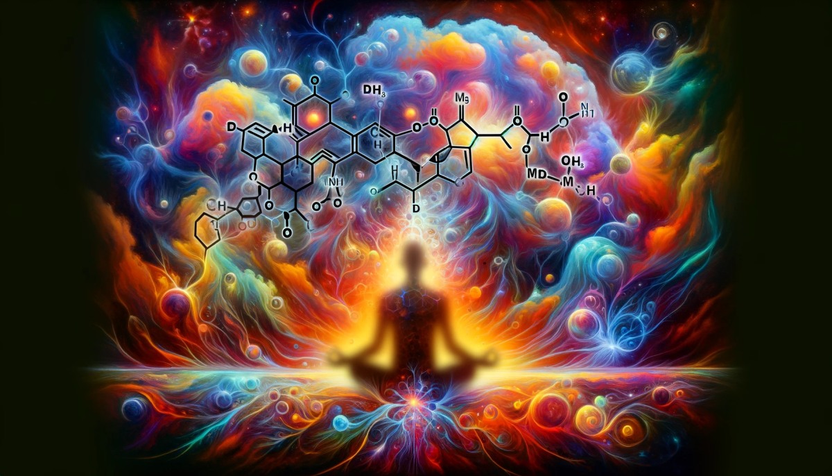 Abstrakcyjne przedstawienie koncepcji Changa z elementami molekuł DMT i MAOI, sylwetką medytującej głowy i żywymi kolorami
