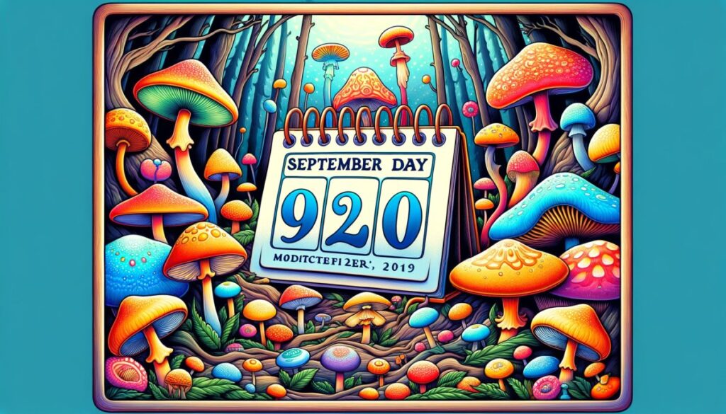 Ilustracja przedstawiająca Międzynarodowy Dzień Grzybów Psylocybinowych z kalendarzem na 20 września, otoczonym przez kolorowe grzyby psylocybinowe w leśnym otoczeniu