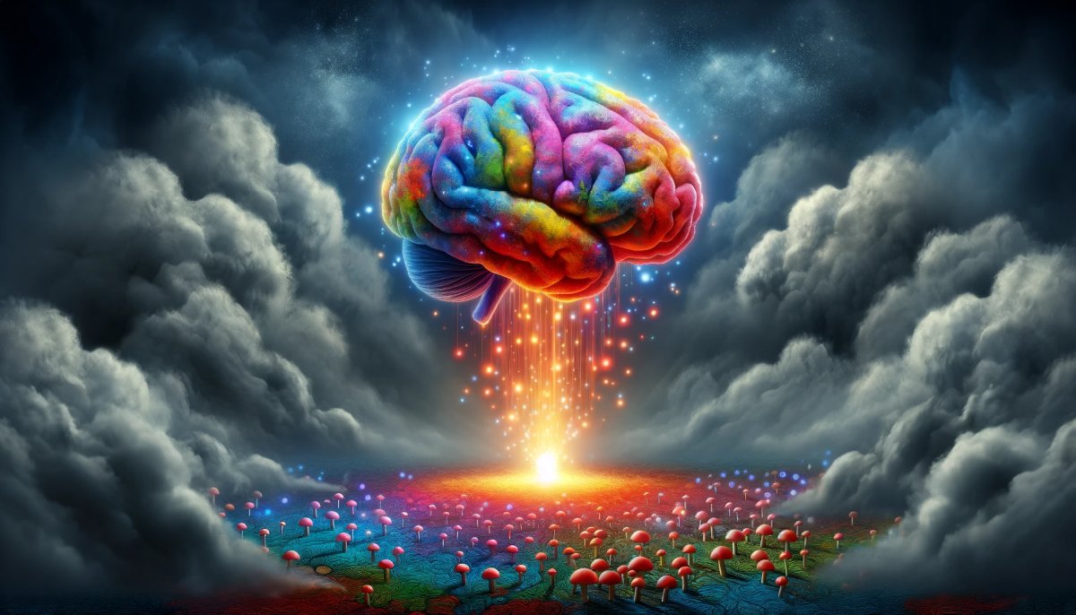 Kolorowy, oświetlony mózg wyłaniający się z monochromatycznych, szarych chmur, otoczony małymi, stylizowanymi grzybami, symbolizującymi psylocybinę