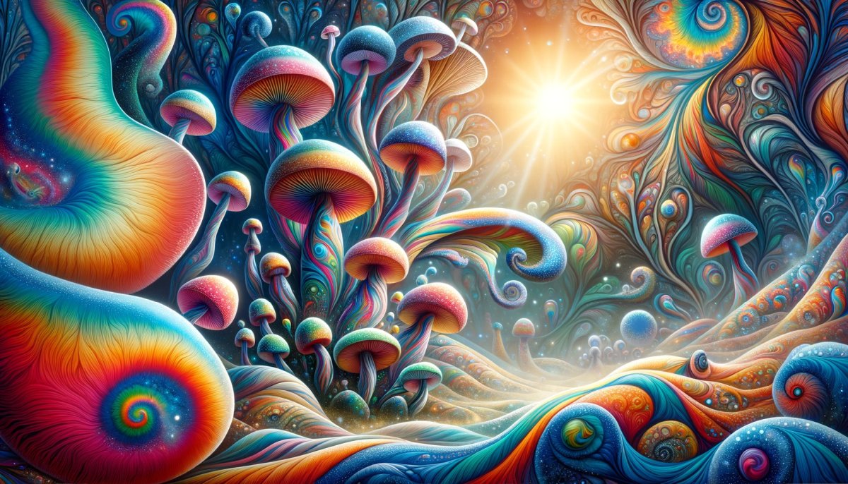 Surrealistyczna ilustracja magicznego lasu grzybów z żywymi kolorami i abstrakcyjnymi wzorami, pokazująca jak działa psylocybina i psylocyna, bez postaci ludzkich, idealna jako nagłówek artykułu