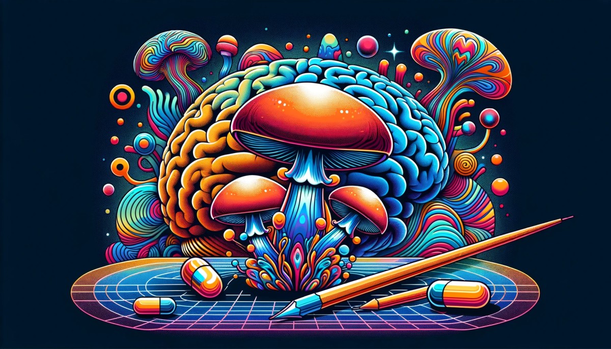Abstrakcyjne przedstawienie grzybów psylocybinowych i mózgu, symbolizujące doświadczenie psychodeliczne i tolerancję