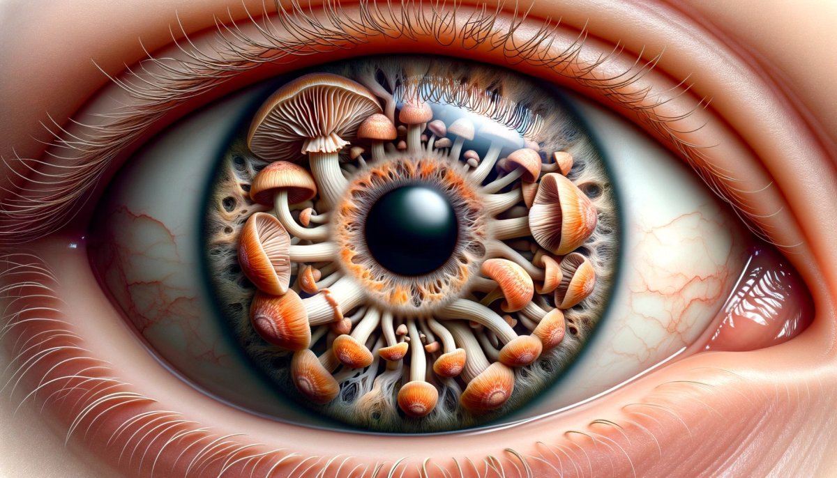 Oko o znacznie rozszerzonej źrenicy z tęczówką ozdobioną motywem grzybów, co ma symbolizować wpływ psylocybiny na oczy
