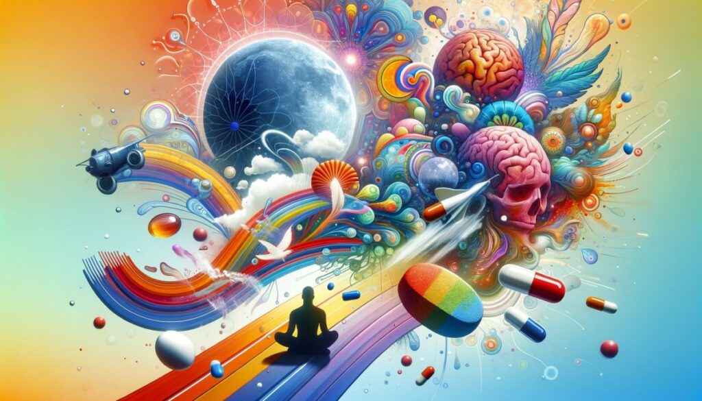 Abstrakcyjne i kolorowe wzory, symbolizujące podróż umysłu i eksplorację świadomości, reprezentujące temat używania substancji psychodelicznych