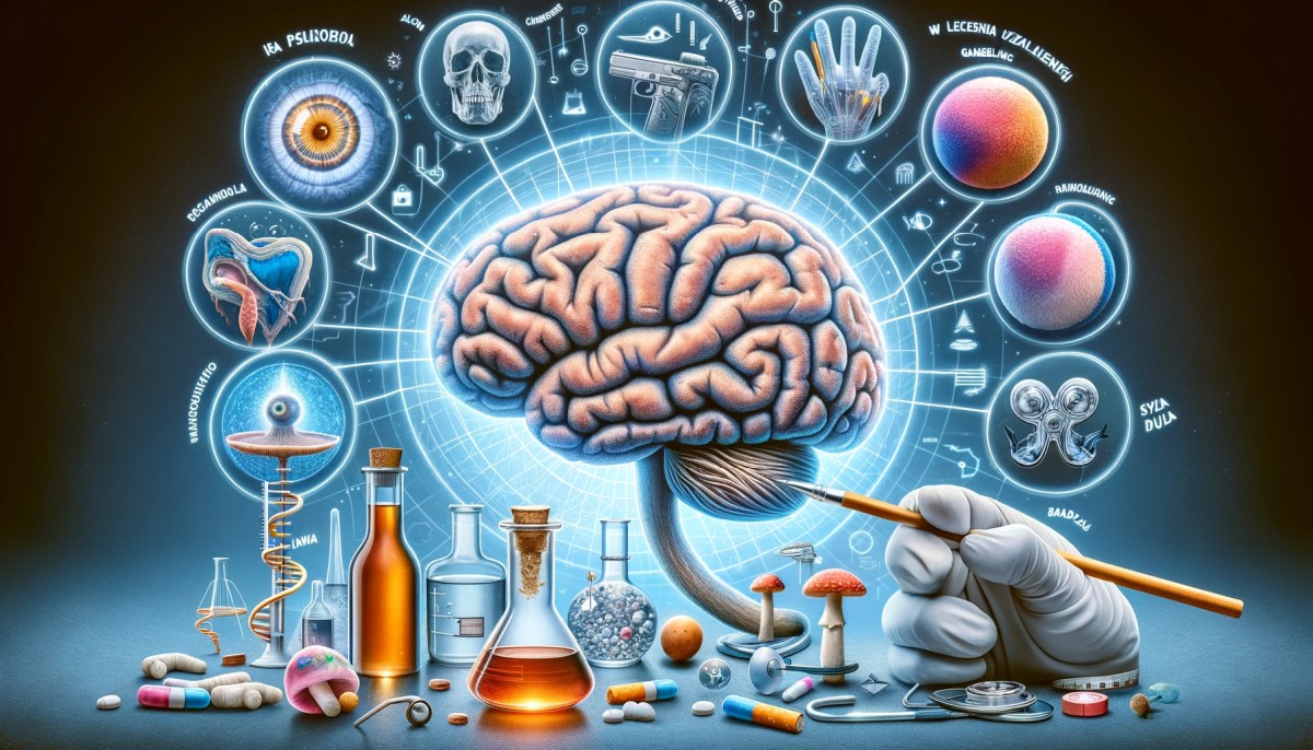 Grafika przedstawiająca grzyby psylocybinowe, strukturę mózgową i symbole różnych uzależnień (alkohol, papierosy, narkotyki, hazard), akcentująca badania nad leczeniem uzależnień przy użyciu psylocybiny.