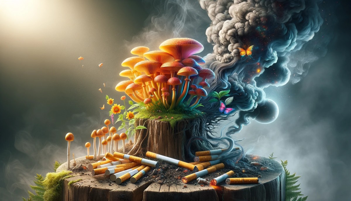 obraz pokazujący, że grzyby psylocybinowe mogą pomóc rzucić palenie papierosów, z kontrastującymi obrazami zdrowej, tętniącej życiem natury i szarego, dymnego tła symbolizującego uzależnienie od nikotyny