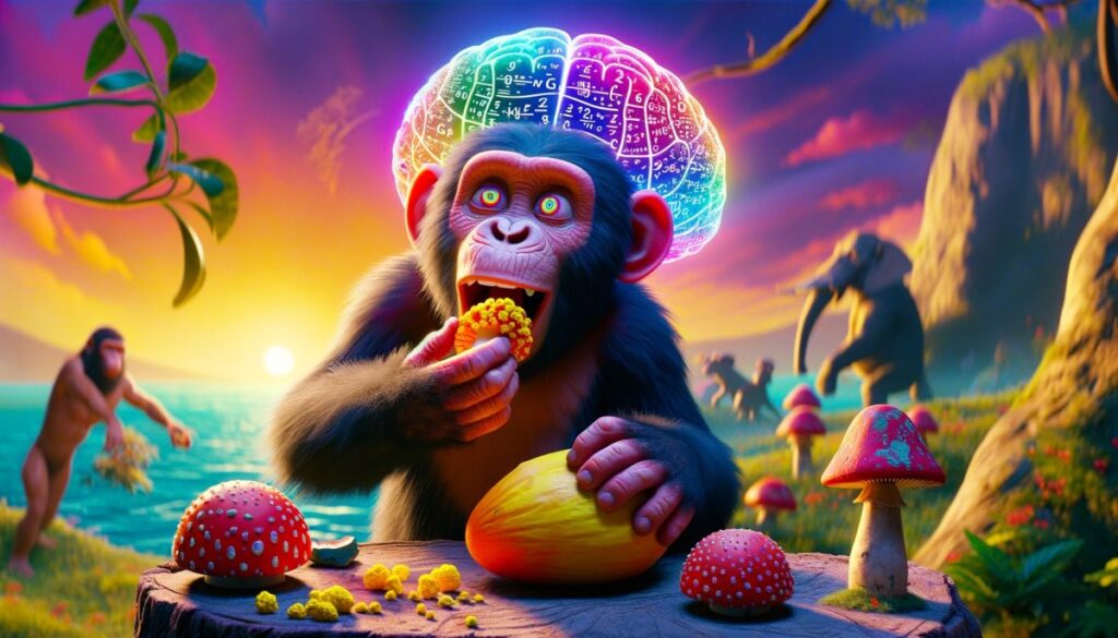 Obraz jest symboliką hipotezy Stoned Ape Theory. Przedstawia małpę jedzącą grzyby psylocybinowe oraz powiększony mózg, co ma symbolizować rozwój świadomości wywołany przez lata spożywania grzybów