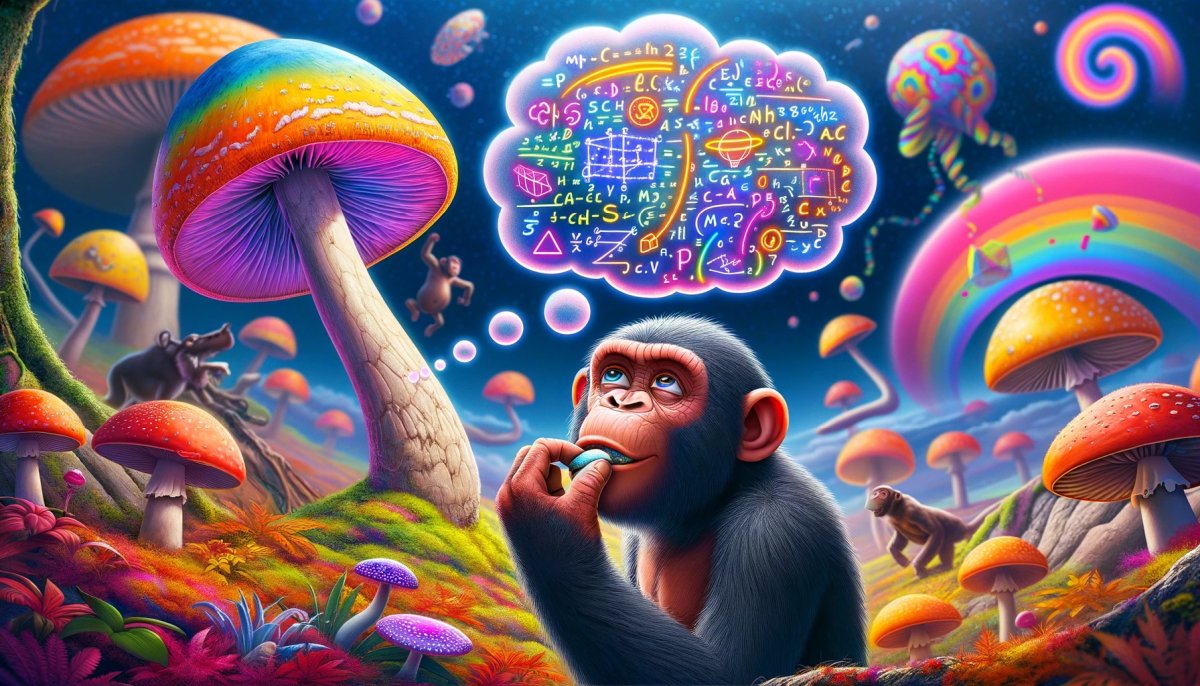 Teoria Naćpanej Małpy przedstawiona w sposób pokazujący małpę w stylu Pixar jedzącą kolorowy grzyb, z chmurką myślową przedstawiającą skomplikowane wzory matematyczne i przemyślenia.