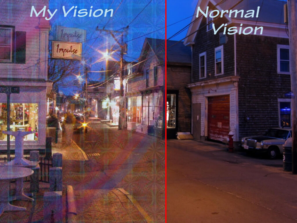 Porównanie percepcji wzrokowej pokazującej flashbacki po lewej stronie, gdzie obraz jest rozmyty, światła przyjmują dziwne formy i obraz jest zniekształcony. Po prawej stronie ten sam obraz pokazuje percepcję wzrokową zdrowego człowieka