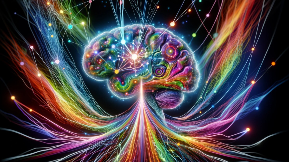 Abstrakcyjne przedstawienie sieci neuronowej mózgu wzmacnianej i zmienianej przez substancje psychodeliczne. Mózg jest pełen żywych kolorów i połączonych linii, symbolizujących ścieżki neuronowe, z dynamicznymi kolorami przepływającymi przez całość, co symbolizuje doświadczenie psychodeliczne, wzmocnione zmysły i połączenia.