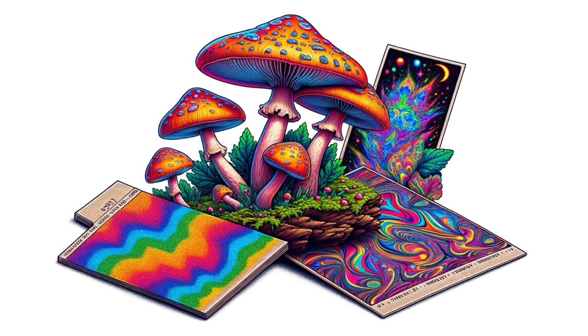 Ilustracja przedstawiająca grzyby psylocybinowe i kartoniki LSD w leśnym otoczeniu, z wyraźnymi, psychodelicznymi wzorami na blotterach, symbolizującymi najpopularniejsze psychodeliki