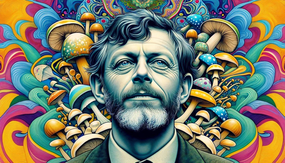 Portret Terence'a McKenny na psychodelicznym tle z motywami grzybów psylocybinowych