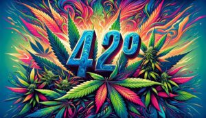 Obraz przedstawiający liczbę 420 otoczoną zielonymi liśćmi konopi indyjskich, symbolizujący międzynarodowy dzień marihuany przypadający na 20 kwietnia