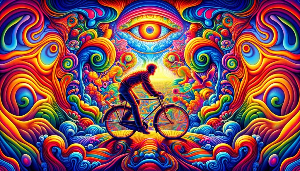 Kolorowa i psychodeliczna ilustracja symbolizująca doświadczenie związane z LSD, z rowerem w centrum, nawiązująca do słynnej przejażdżki Alberta Hofmanna