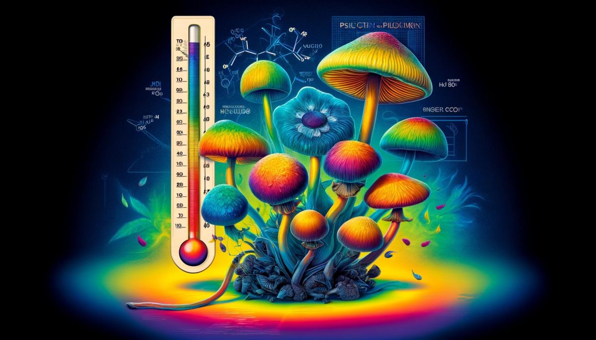 Grafika przedstawiająca grzyby psylocybinowe z nawiązaniem do temperatur rozkładu psylocybiny i psylocyny, łącząca naturę z nauką