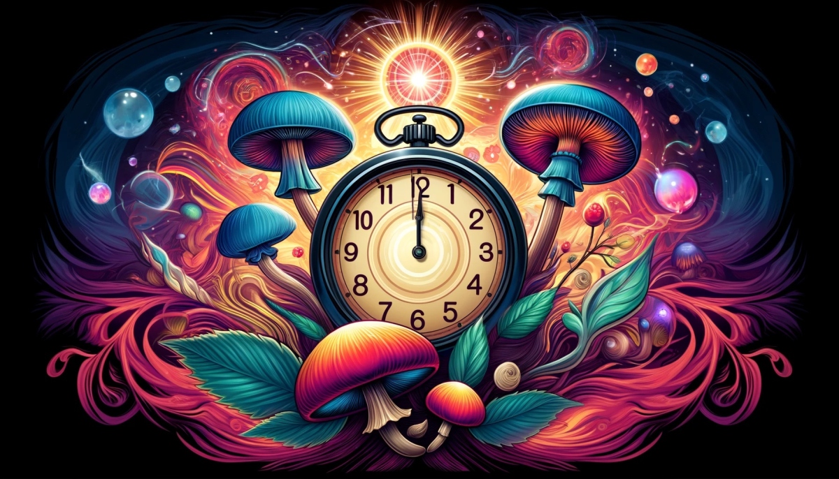 Dynamiczna ilustracja przedstawiająca zegar z ruchomymi wskazówkami oraz grzyby psylocybinowe, otoczone magiczną aurą i psychodelicznymi wzorami w tle. Obraz symbolizuje pytanie "ile trwa faza po grzybach".