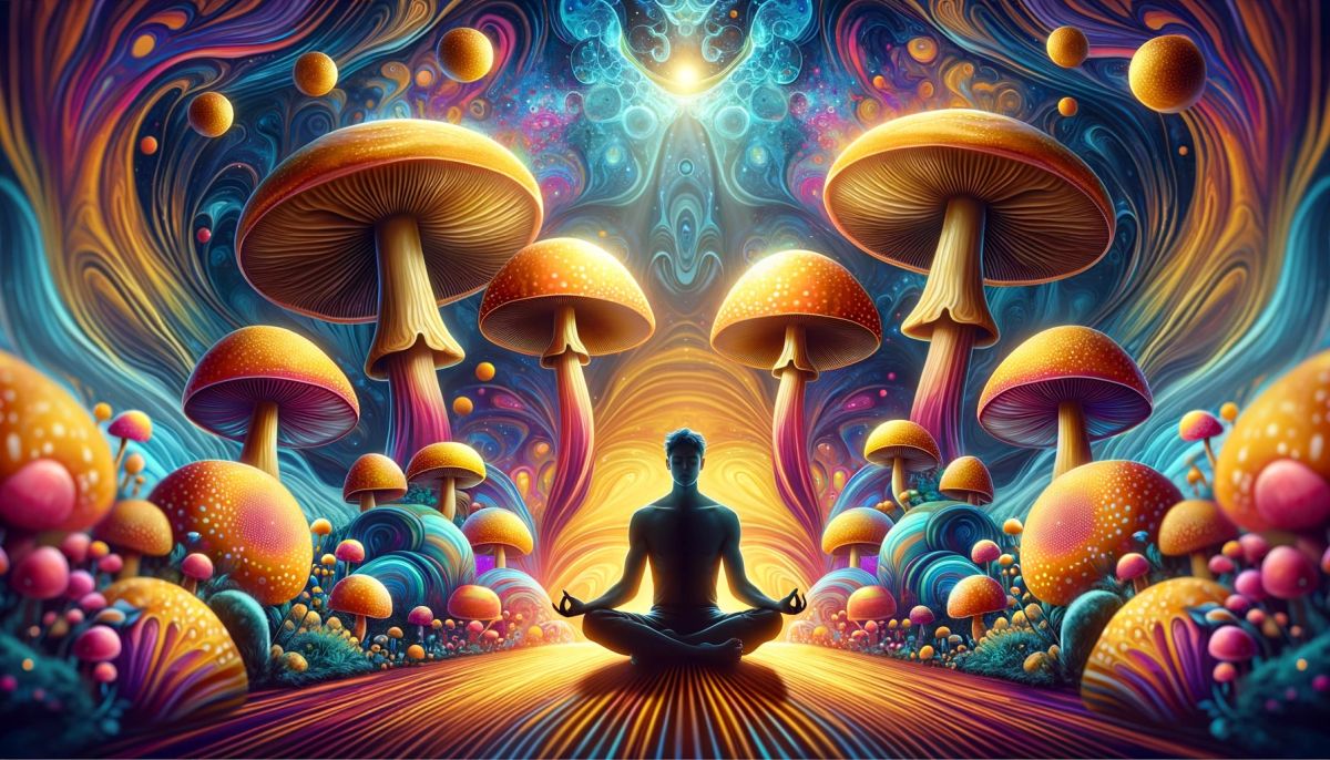 Osoba medytująca otoczona grzybami psylocybinowymi z złotymi kapeluszami na psychodelicznym tle, symbolizująca wpływ psylocybiny na medytację