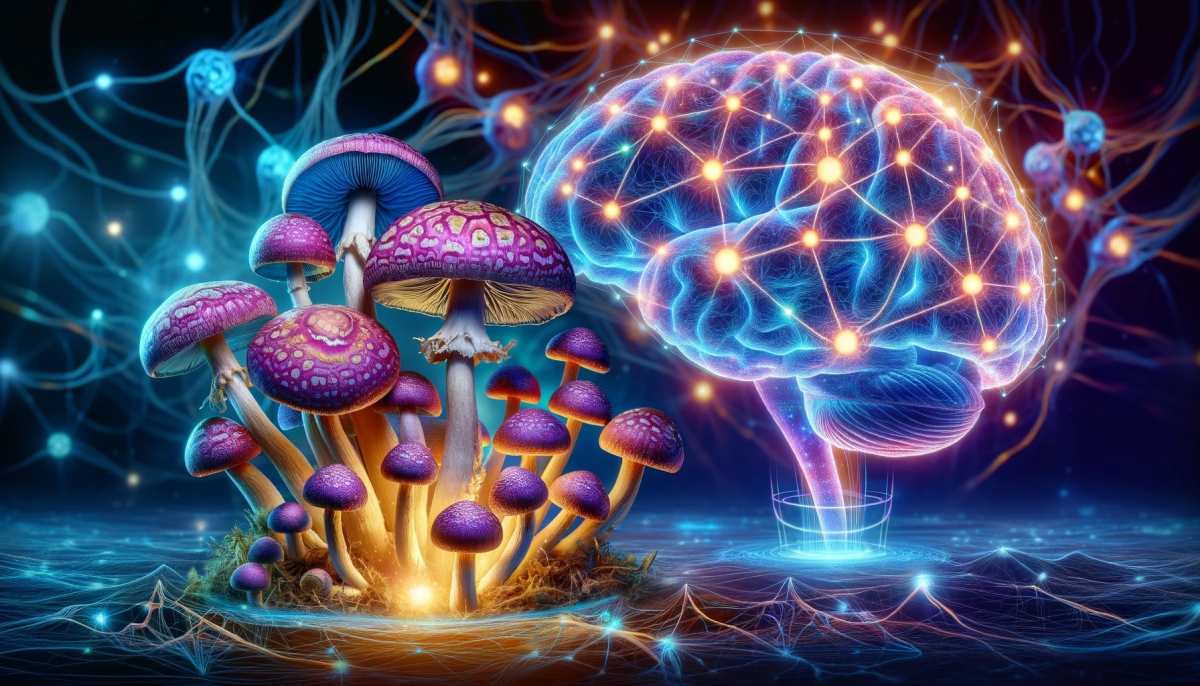 Obraz przedstawia grzyby psylocybinowe oraz mózg przedstawiający hiperłączność po spożyciu psylocybiny