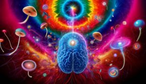 Abstrakcyjny obraz przedstawiający wpływ psylocybiny na umysł, z żywymi kolorami, połączeniami neuronowymi i psychodelicznymi grzybami, symbolizujący zmienione stany świadomości i duchowość.