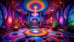 Psychodeliczne wnętrze z kolorowym oświetleniem i wirującymi wzorami, idealne dla doświadczeń z grzybami psylocybinowymi, podkreślające znaczenie 'set and setting'.