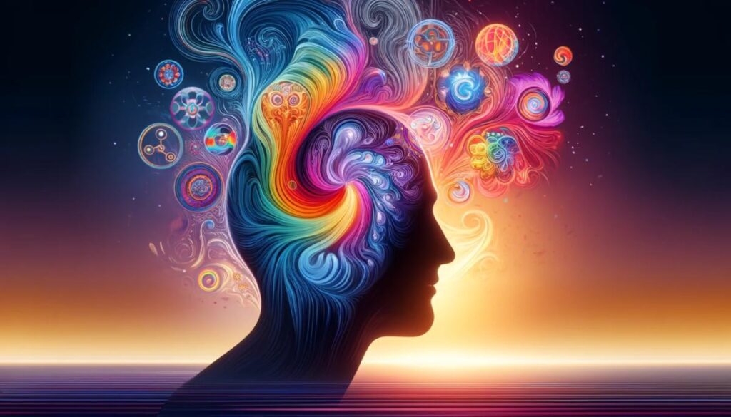 Wizualizacja umysłu osoby podczas doświadczenia psychodelicznego, przedstawiająca sylwetkę głowy wypełnioną żywymi kolorami i wzorami, symbolizująca cechy takie jak otwartość, ekstrawersja i sumienność.