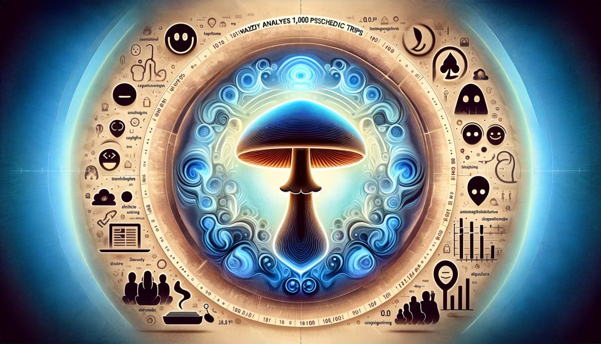 Ilustracja przedstawiająca grzyb psylocybinowy w centrum, otoczony abstrakcyjnymi symbolami zarówno pozytywnych, jak i negatywnych doświadczeń psychodelicznych, na tle budzącym ciekawość i tajemniczość