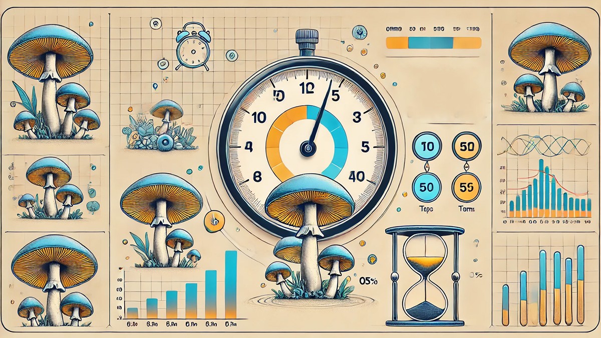 Infografika przedstawiająca wizualizacje grzybów psylocybinowych i zegara, podkreślająca szybkość działania grzybów psylocybinowych.
