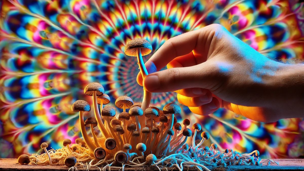 Ręka delikatnie wyrywająca grzyby psylocybinowe z grzybni na tle psychodelicznych wzorów i żywych kolorów, co symbolizuje zbiory grzybów psylocybinowych